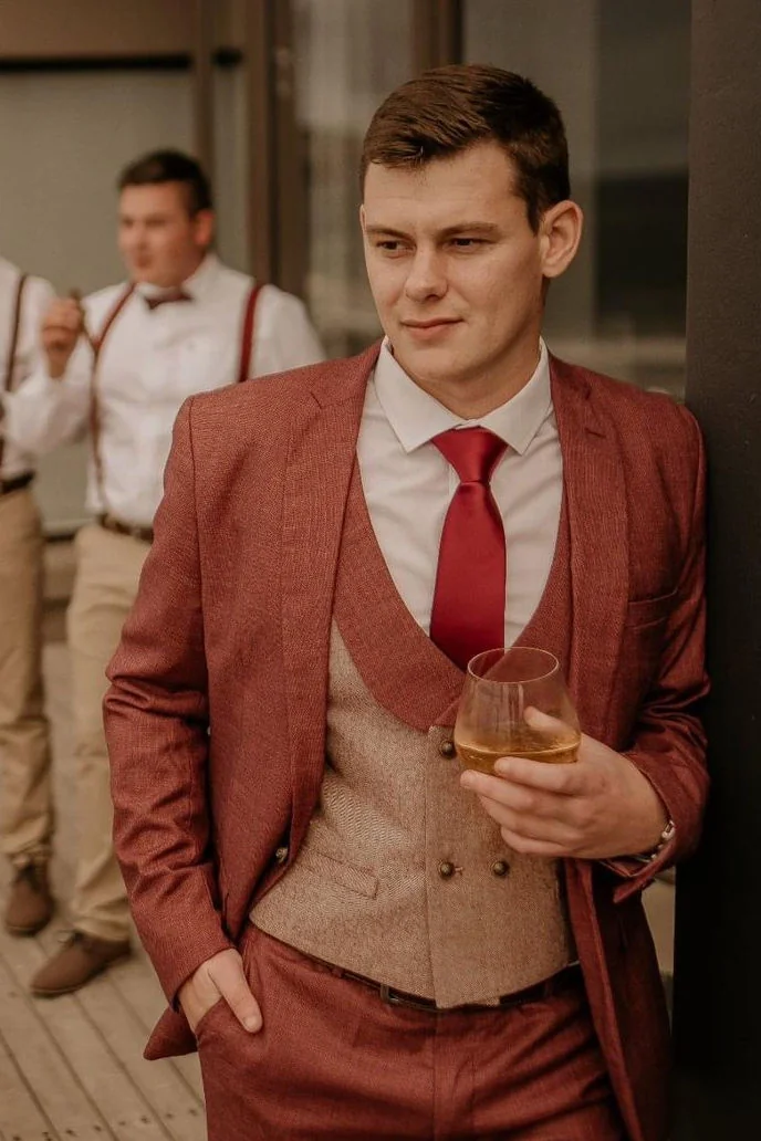 A couple celebrating their wedding in formal attire