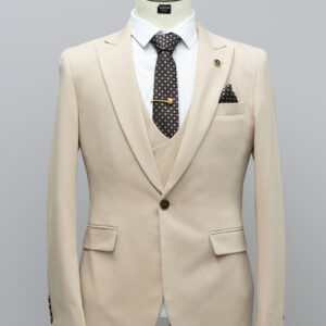 Light beige 3 piece men's suit with dark brown tie