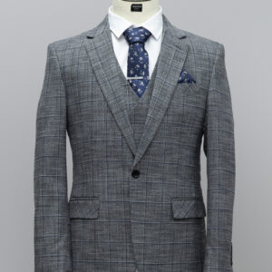 Grey checked 3 piece suit with a slight blue under tone
