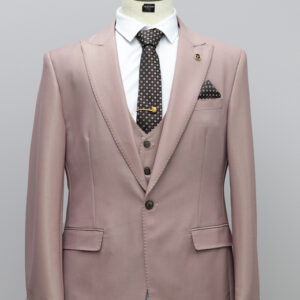 3 piece men's salmon pink suit with brown tie