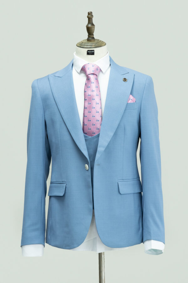 Light sky blue 3 piece suit matched with a pink tie, perfect for any wedding, farewell, groomsmen or formal occasion